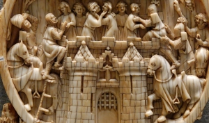 Siege of the Castle of Love (detail). Late Medieval  (c. 1350) made in France. Ivory, with traces of polychrome and gilding. in the Louvre collections. 