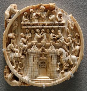 Siege of the Castle of Love Late Medieval  (c. 1350) made in France. Ivory, with traces of polychrome and gilding. in the Louvre collections. 